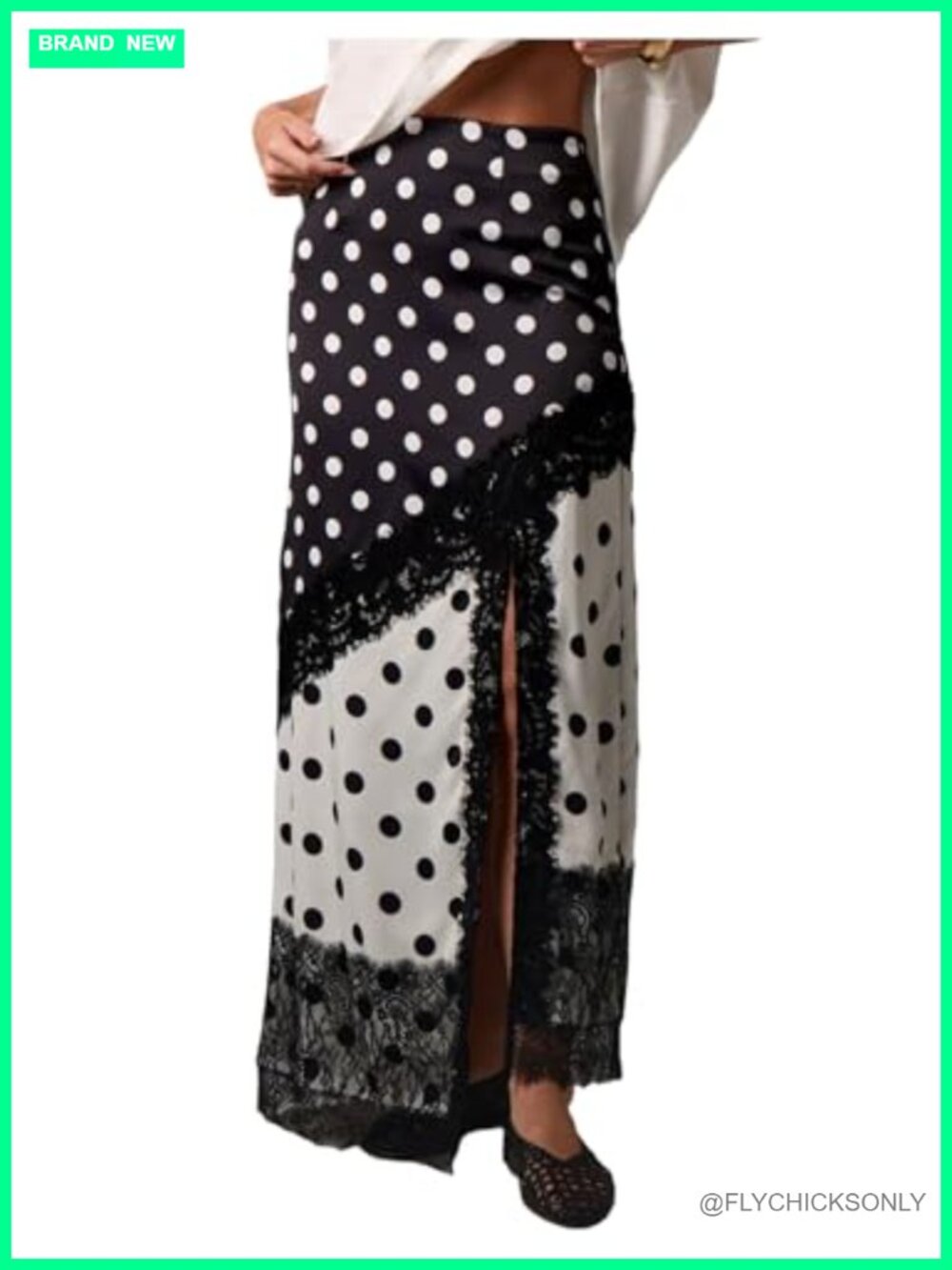 Lace Polka Dots Maxi Skirt High Rise Slit Straight